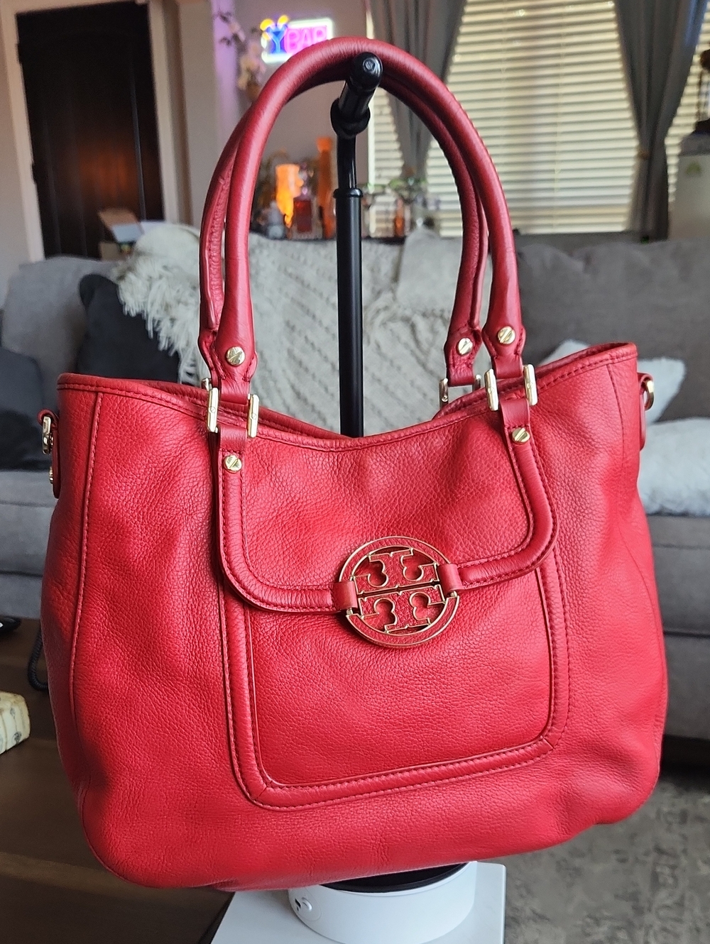Tory Burch Red Pebbled Leather Shoulder Tote with Gold Logo